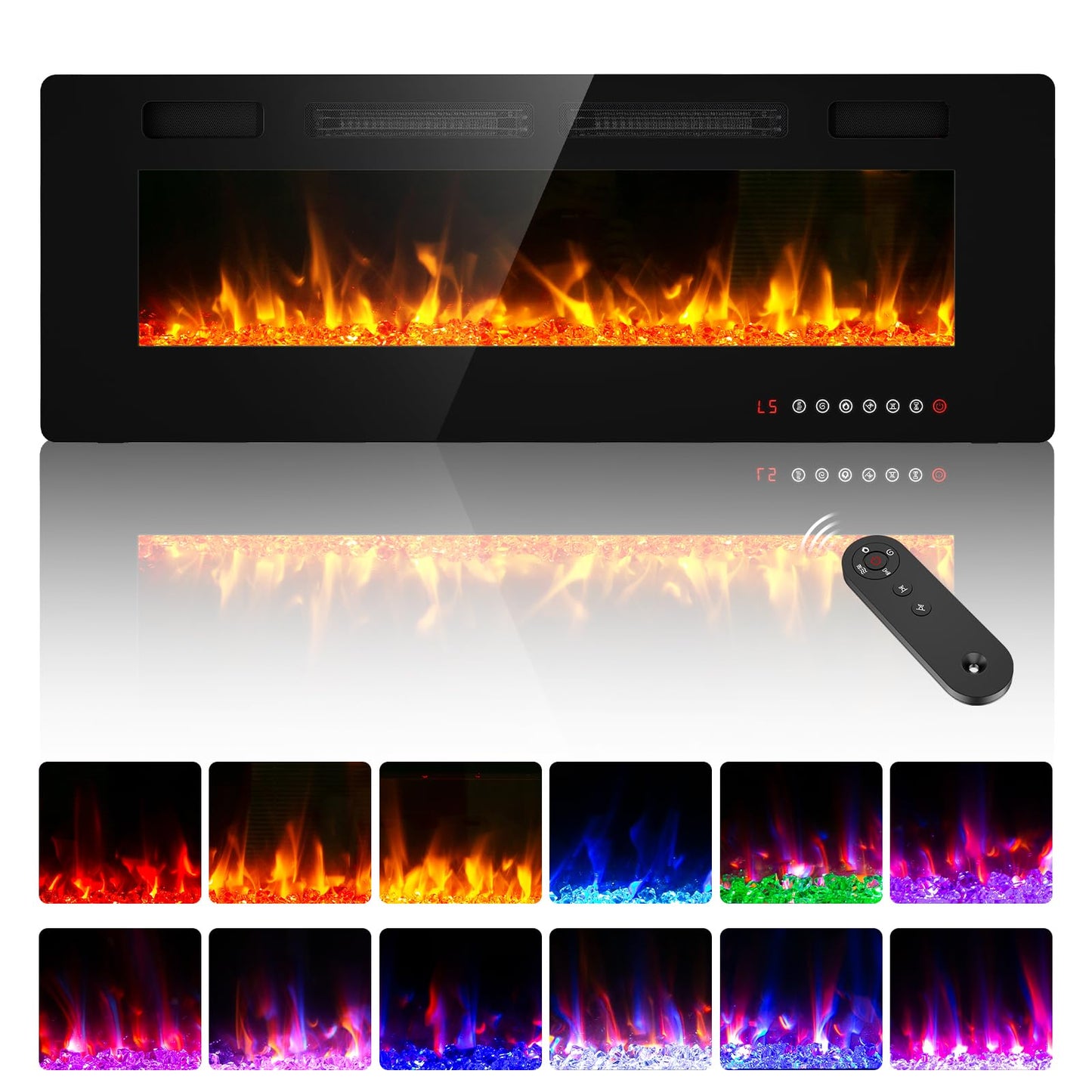 BREEZEHEAT 60 inch Electric Fireplace Wall Mounted/Freestanding-Ultra Thin Fireplace Inserts for Living Room with Heater, Remote Control, Touch Screen, Led Flame, 8H Timer, 750w/1500w