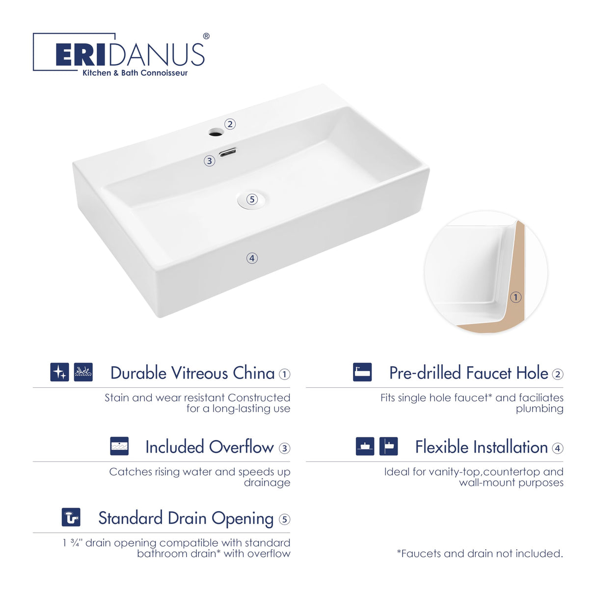 Eridanus Bathroom Sink 30" x 16" Rectangular Vessel Sink, Wall Mount Above Counter Vanity Sink, Premium Ceramic White Art Basin with Overflow, Lavatory Trough Floating Washbasin Eridanus