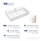 Eridanus Bathroom Sink 30" x 16" Rectangular Vessel Sink, Wall Mount Above Counter Vanity Sink, Premium Ceramic White Art Basin with Overflow, Lavatory Trough Floating Washbasin Eridanus
