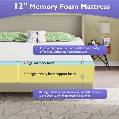 FDW 12 inch Gel Memory Foam Mattress Medium Firm Mattresses for Cool Sleep Relieving Pressure Relief CertiPUR-US Certified Mattress in a Box,California King