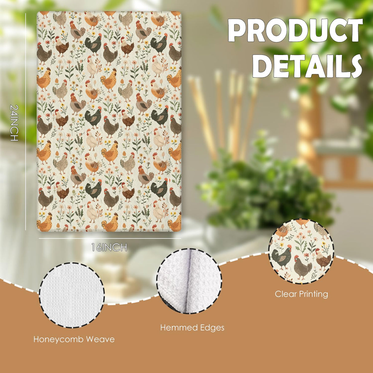 HUGANE Farmhouse Chicken Rooster Kitchen Towels, Chicken Dish Towels, Rooster Decor Hand Towel for Bathroom Kitchen Decor, Cock Mom Lady Gifts, 16x24 Inch HUGANE