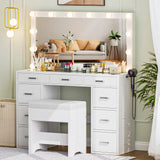 Likein Vanity Desk with Mirror and Lights, 47‘’ Glass Top Vanity with Power Strip, 9 Drawers Makeup Vanity with Lighted Mirror, White Vanity Set with Chair, 3 Lighting Modes Adjustable Brightness Likein