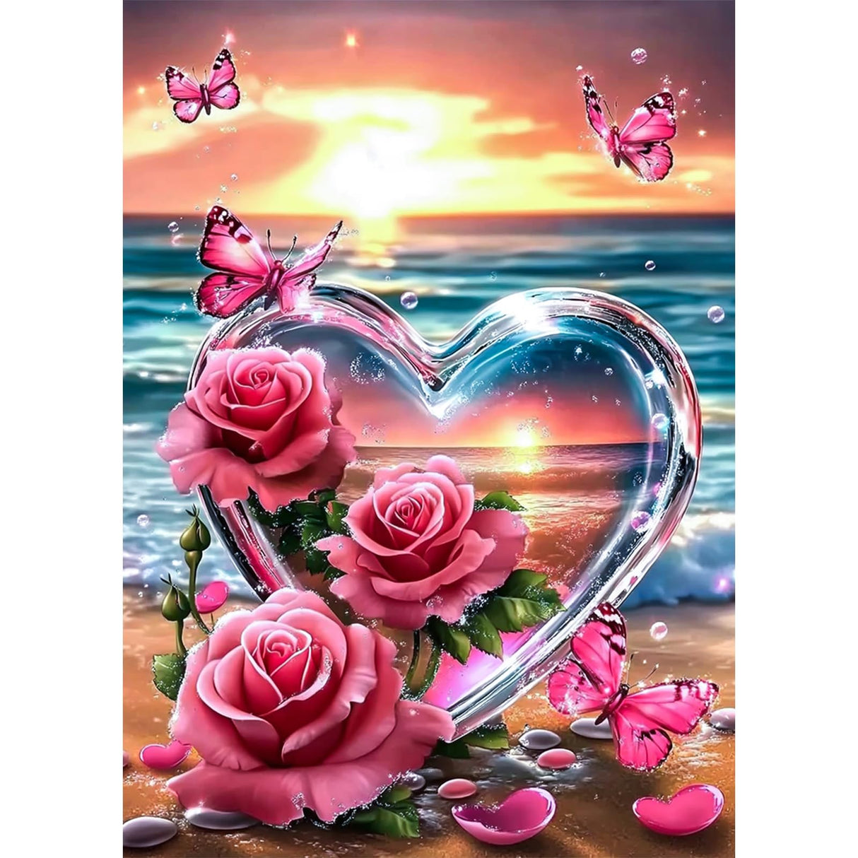 Lxmsja Crystal Heart Diamond Art Kits for Adults, Pink Roses DIY Full Drill Diamond Painting Kits for Beginners, 5D Gem Art Crafts for Adults, Home Wall Decor 12x16 inch Lxmsja