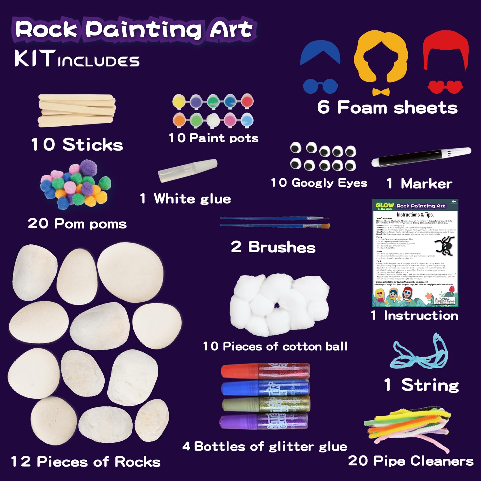 Wings Gaint Rock Painting Kit Glow in The Dark, Arts and Crafts for Kids Ages 6-12, Kids Painting Set,12 Painting Rocks for Kids, Crafts Kit for Boys Girls Gift, DIY Kids Activity - WoodArtSupply