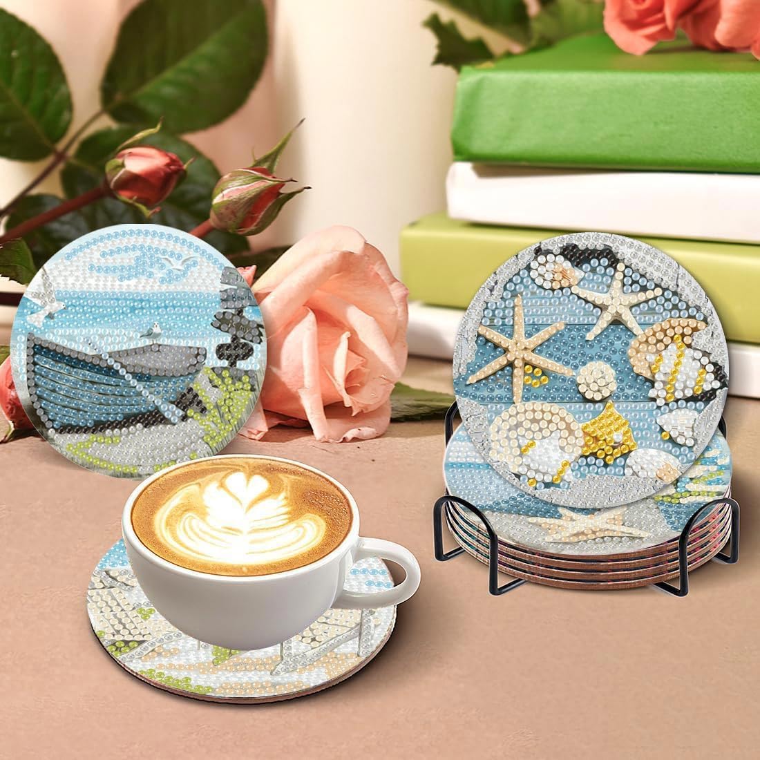 Summer Beach Diamond Art Coaster Kit with Holder,8pcs Diamond Painting Coaster,Gem Art Coasters Kit for Home Wall Decor Amshem