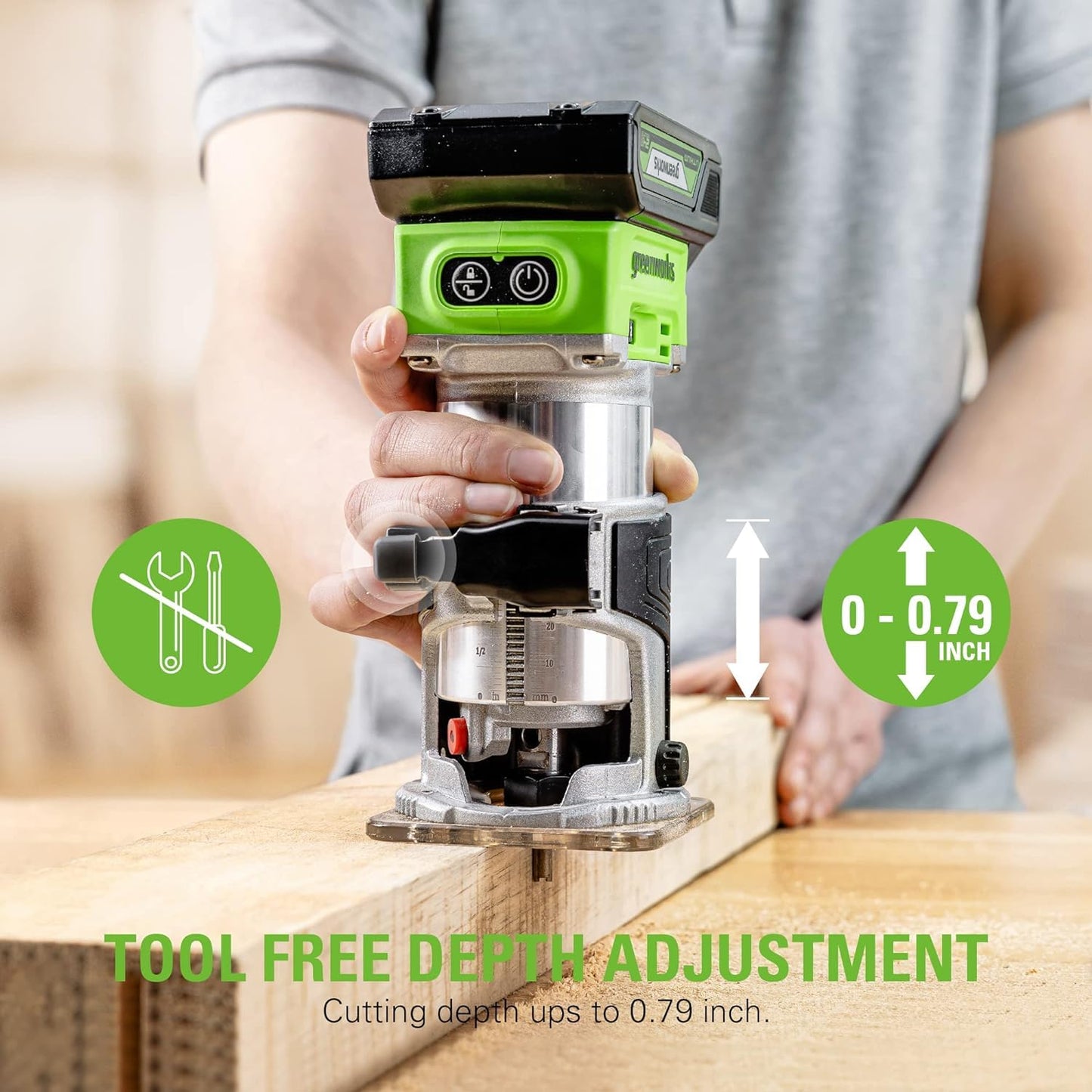 Greenworks 24V Cordless Trim Router, Variable Speed Brushless Motor Compact Palm Router with 2Ah Battery and Charger - WoodArtSupply