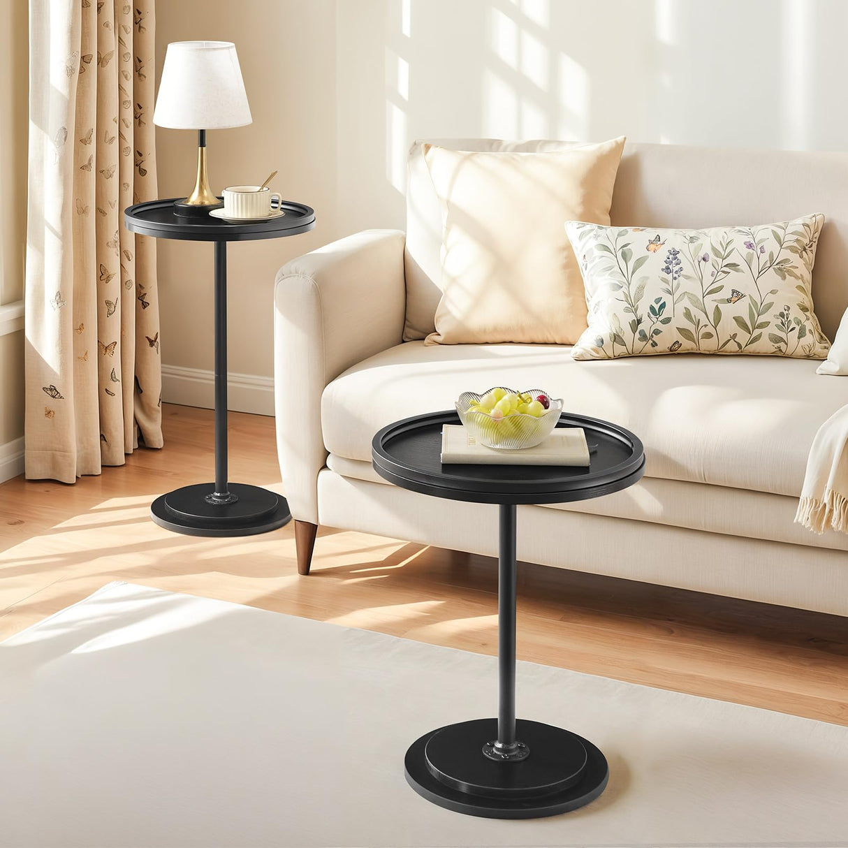 HOOBRO Nesting Coffee Table Set of 2, Small Round Coffee Table Set with Wooden Pedestal, Modern Circle Accent Side Tables for Living Room, Center, Black BB170BZ01 HOOBRO