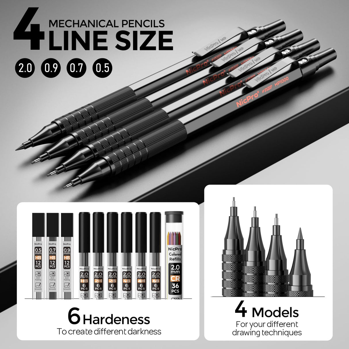 Nicpro 30PCS Black Metal Mechanical Pencil Set in Leather Case, Art Drafting Pencil 0.5, 0.7, 0.9 mm, 2mm Lead Pencil Holders for Sketching Drawing With 16 Tube (6B 4B 2B HB 2H 4H Colors)Lead Refills Nicpro
