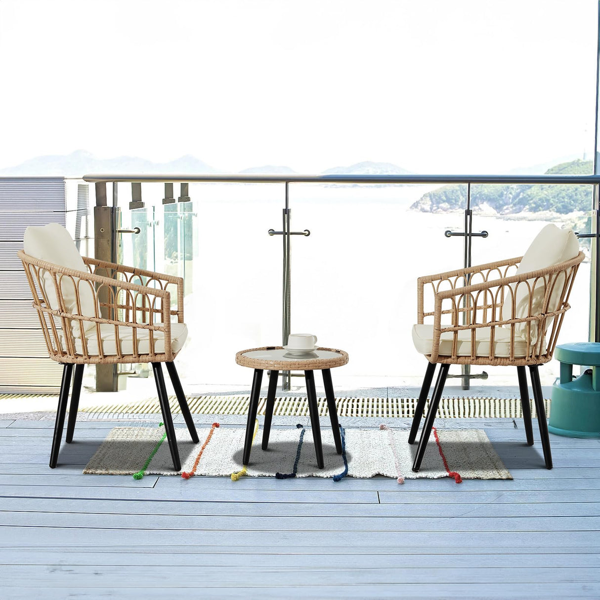 IJIALIFE 3 Pieces Patio Bistro Set, Outdoor Wicker Table and Chairs Set of 2, Rattan Balcony Furniture Set with Cushions for Front Porch Apartment Backyard Deck,Beige IJIALIFE