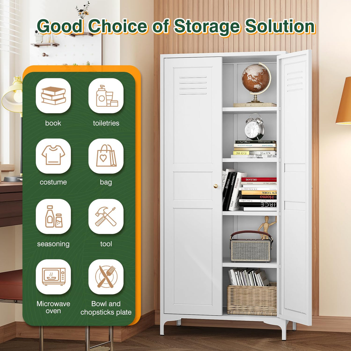 Letaya White Storage Cabinet with Feets-Metal Home Kitchen Pantry Cabinets with Doors and Adjustable Shelves,Organization Locker for Cupboard/Bedroom/Dining/Living/Bathroom/Office/Garage Room (White) Letaya