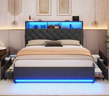 BTHFST Full Size Bed Frame with 4 Drawers & Charging Station, LED Bed Frame Full Size with Hidden Storage Headboard, Upholstered Metal Bed Full, No Box Spring Needed, Dark Grey BTHFST