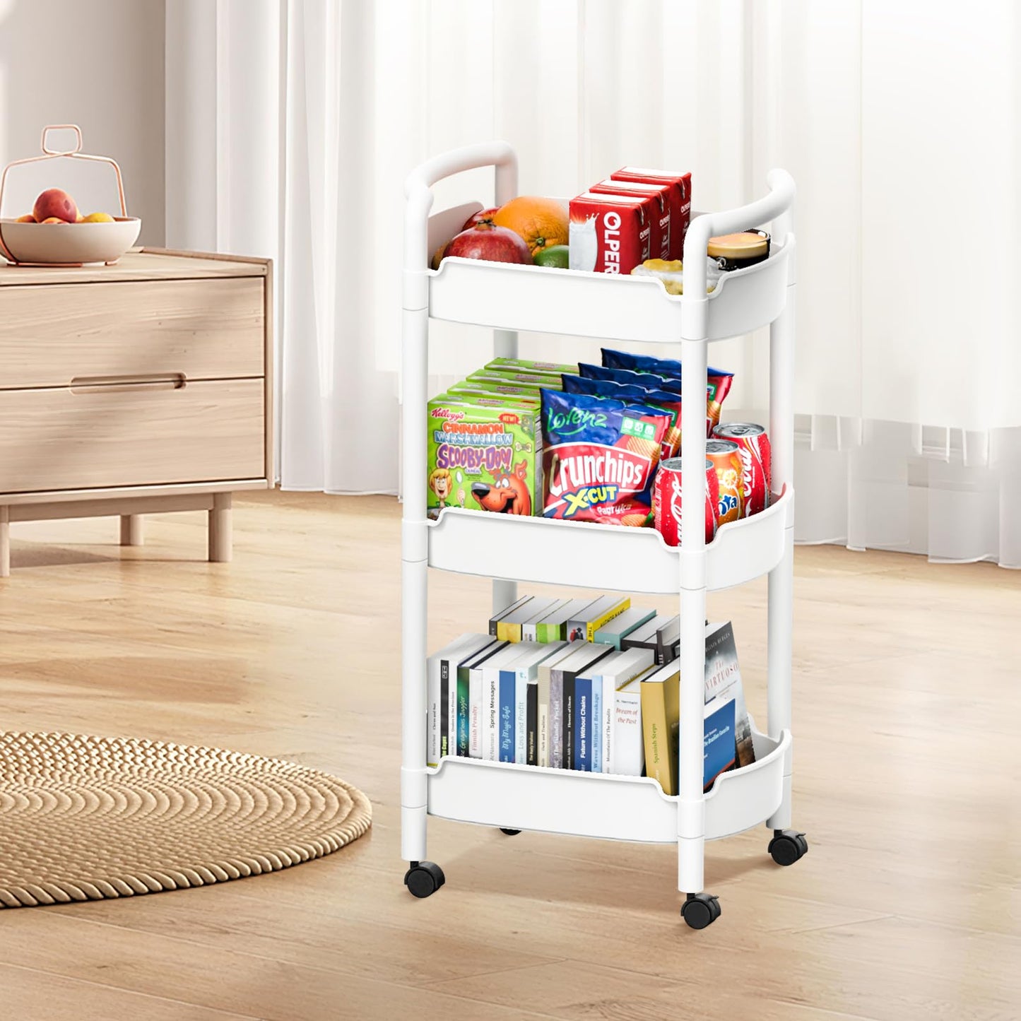 HUXMEYSON 3 Tier Rolling Cart, Multi-Functional Storage Utility Cart, Plastic Rolling Cart with Handle and Lockable Wheels, Versatile Storage Cart for Kitchen, Bathroom, Office, White