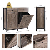 Arlopu Double Tilt Out Trash Cabinet, 20 Gallon Pet Proof Kitchen Pull Out Recycle Cabinet, Freestanding Wooden Laundry Sorter Cabinet, W/Drawer, Barn Door, for Home, Living Room, (Greige) Arlopu