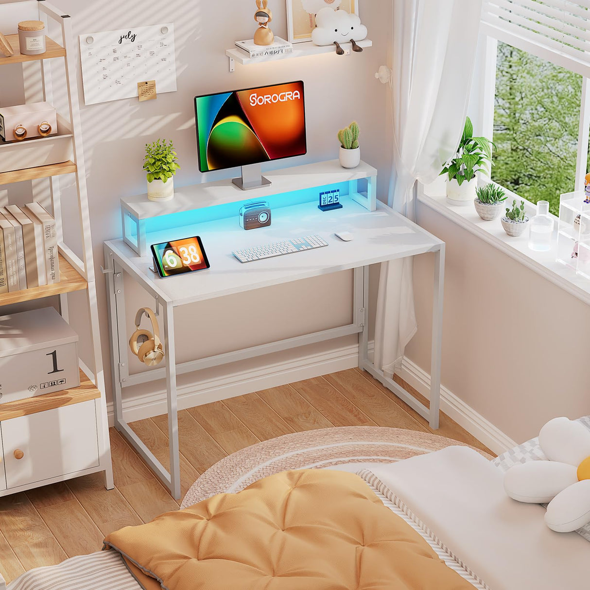 SOROGRA Small Folding Desk 31.5 inch for Small Spaces Foldable Desk with Monitor Shelf, Computer Gaming Table with Led Lights for Home Office Bedroom, Easy Assembly, White SOROGRA