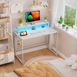 SOROGRA Small Folding Desk 31.5 inch for Small Spaces Foldable Desk with Monitor Shelf, Computer Gaming Table with Led Lights for Home Office Bedroom, Easy Assembly, White SOROGRA