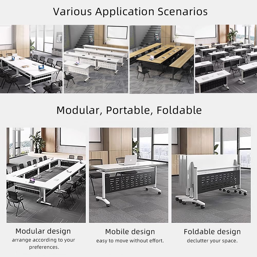 Folding Conference Table - Large Rectangle Meeting Seminar Table with Silent Wheels - Mobile Meeting Solution for Office - Long Business Tables, Conference Room (White + Black Frame, 71×20×30in)