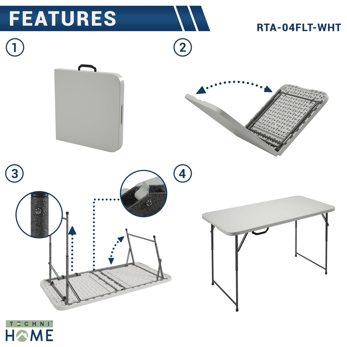 Techni Home Height Adjustable 4 FT Granite White Folding Table – Premium 4 Foot Folding Table Ideal for Camping, Picnic, Party or as Kids Table Techni Home