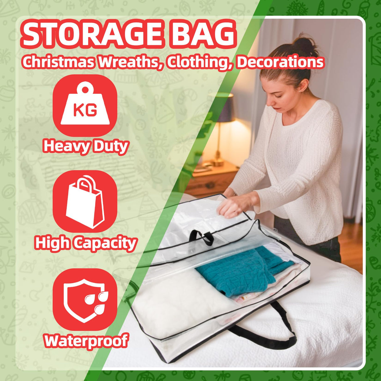 RAINFLOW Christmas Wreath Storage Container - Clear Moving Bags Heavy Duty With Zipper for Wreaths Clothes Gift Pillow Toy Plastic Storage Bag Supplies College Dorm Under Bed Storage(24 inch) RAINFLOW