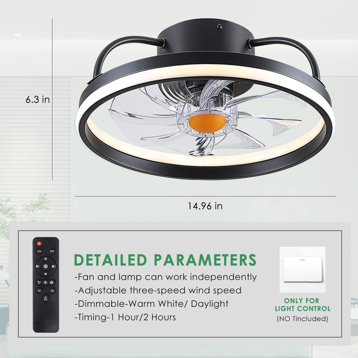 Mpayel Flush Mount Ceiling Fans with Lights and Remote Control，Modern Enclosed Bladeless,15'' Low Profile Ceiling Fan with Stepless Dimming Lighting Fixture for Bedroom Kitchen（Black）…… Mpayel