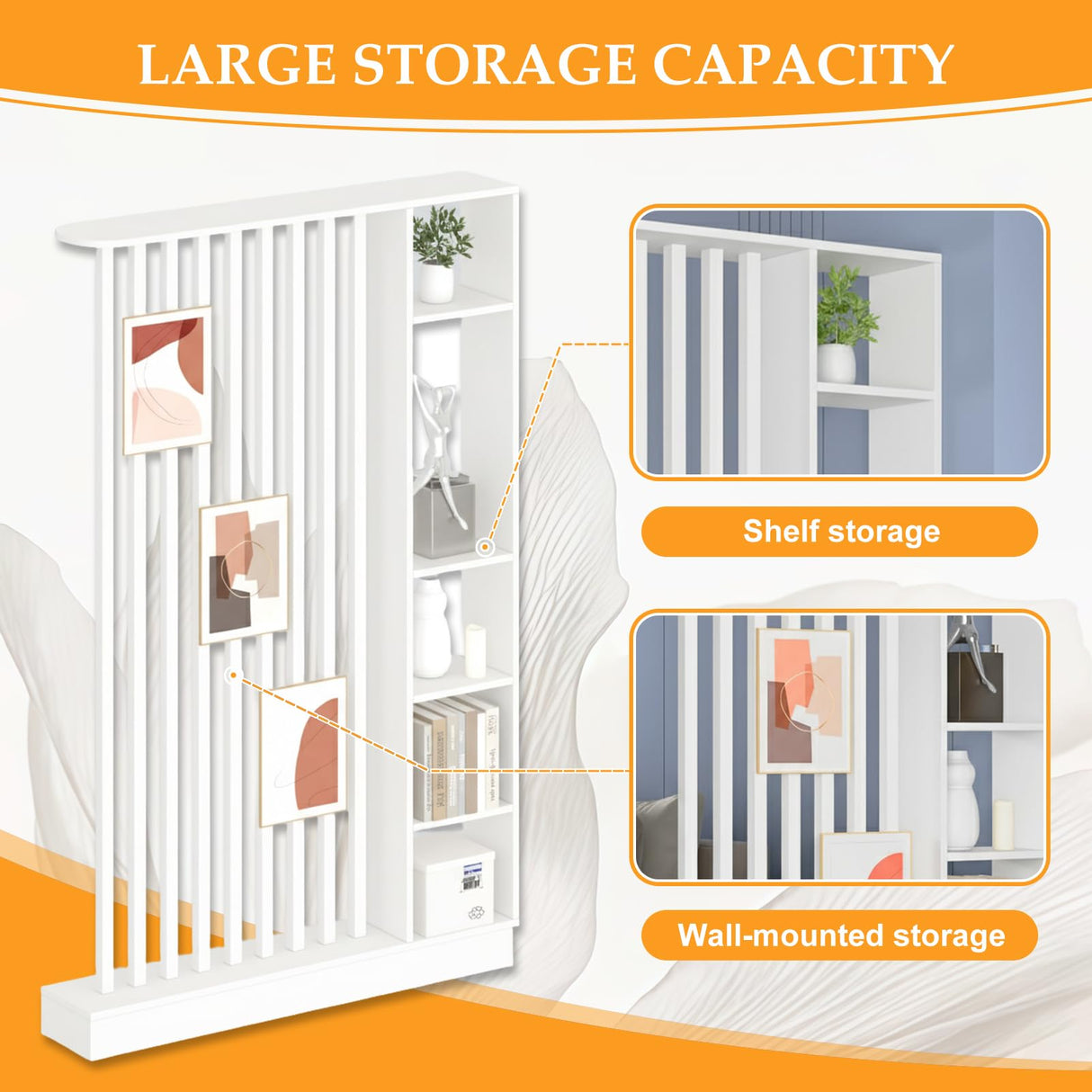 Wall Room Divider, Freestanding Wood Room Divider Shelf with Shelves, Divider Screen Separator Screen with Storage, Wall Divider for Room Separation, for Home Office Decorative(White,39.4IN) UKETO