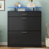 Slim Entryway Shoe Cabinet with 2 Flip Drawers, Modern Tempered Glass Top Shoe Storage Organizer with Drawer and Open Shelves, Free Standing Shoe Rack with LED Light for Hallway,Living Room,Black Goujxcy