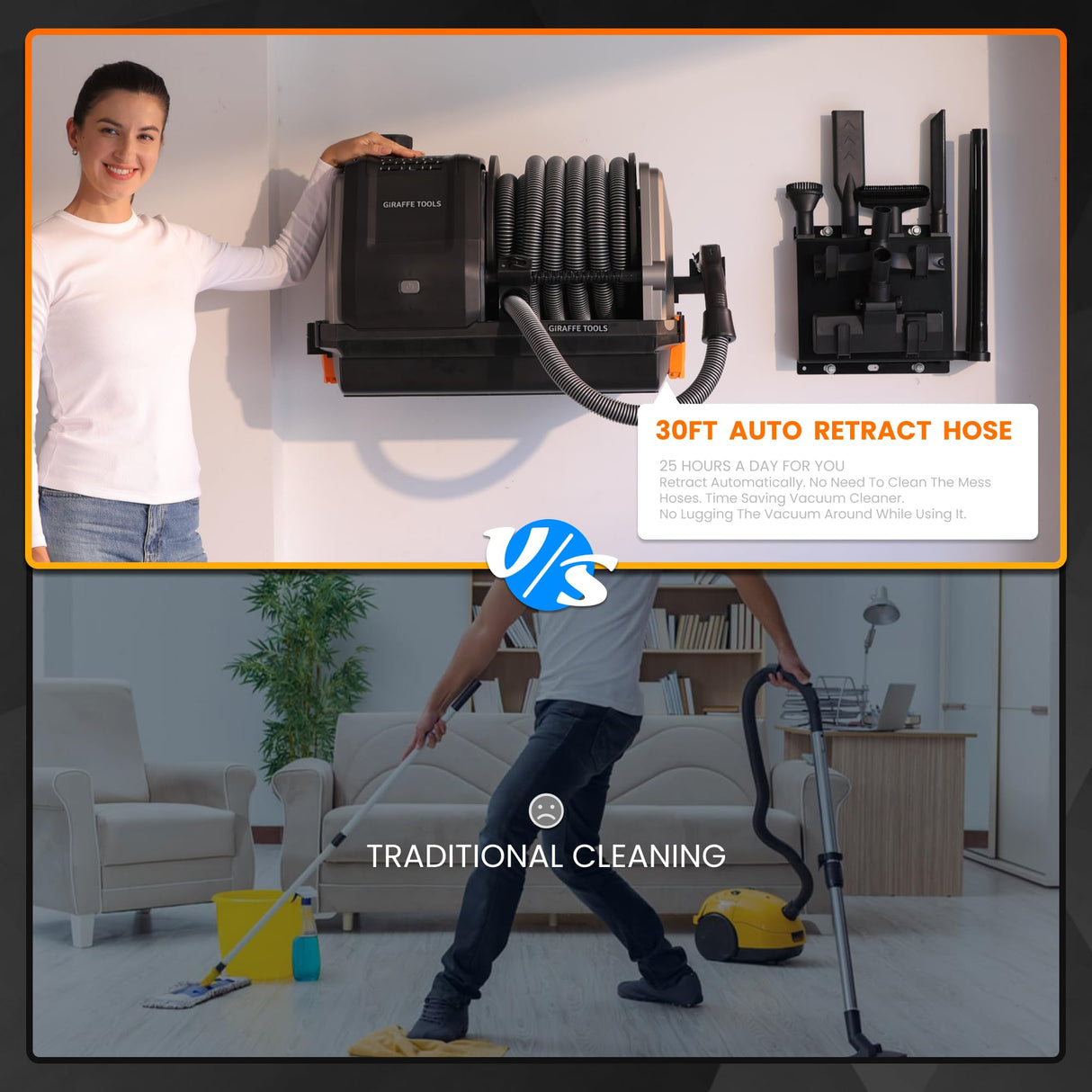 Giraffe Tools Grandstorm Retractable Vacuum Cleaner Wall-Mounted, Shop Wet Dry Vacuum Cleaner with 6 Nozzles for Car Detailing Remote Control Garage Vacuum, Grey Giraffe Tools