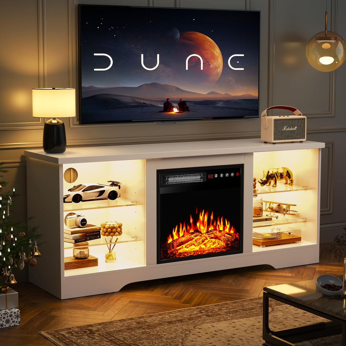 TAVATA Fireplace TV Stand with 18''Fireplace, Modern Entertainment Center for TVs up to 65 inch, Media TV Console with Adjustable Glass Shelves and Storage Cabinets(White) TAVATA