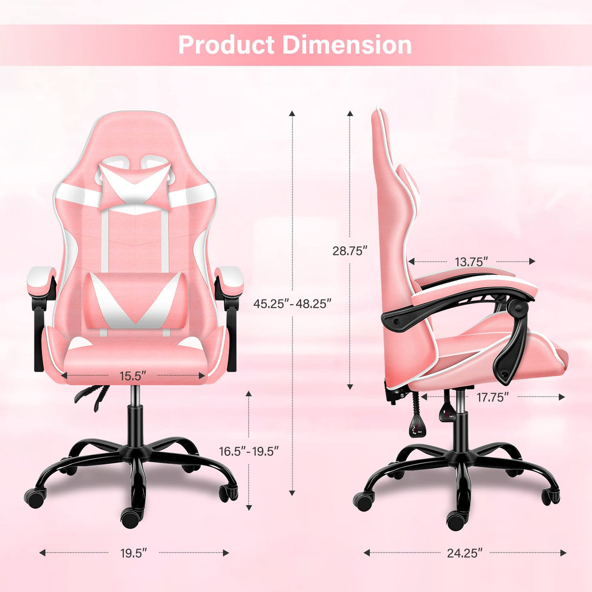 Pink Gaming Chair, Big and Tall Gamer Chair, Racing Style Adjustable Swivel Office Chair, Ergonomic Video Game Chairs with Headrest and Lumbar Support Simple Deluxe