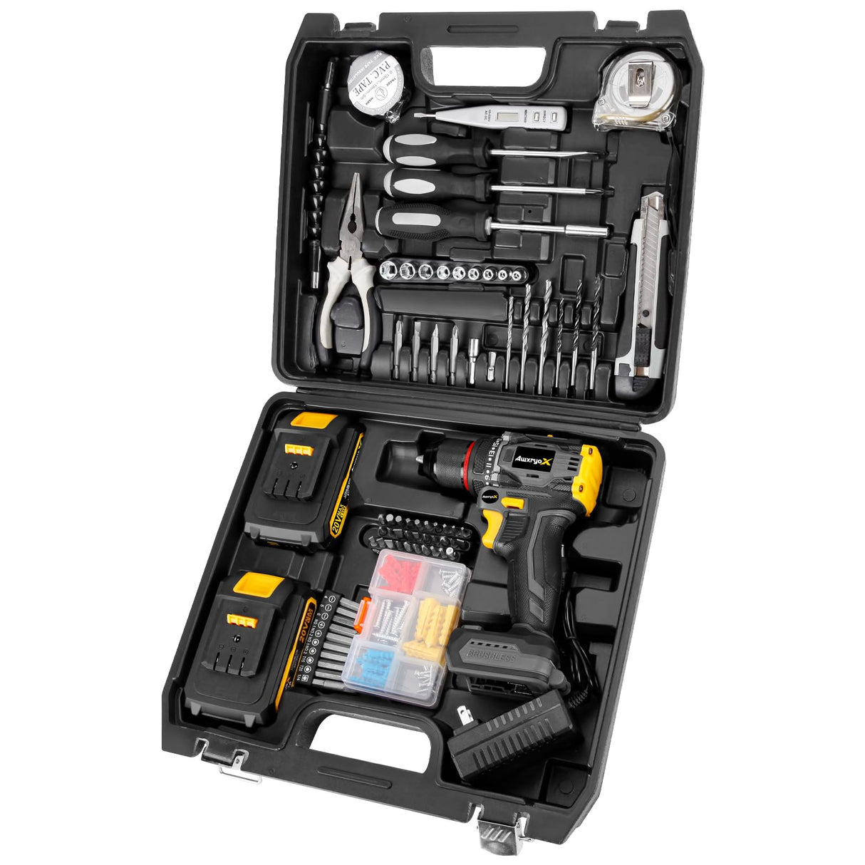 AwxryoX Brushless Compact Drill Tool Set, 60N.m 20V Cordless Drill Tool Box with 2 Battery, 135Pcs Man Household Tool Set with DIY Hand Tool Kits, 531 In-lb Tool Set with Drill for Daily Home Repair AwxryoX