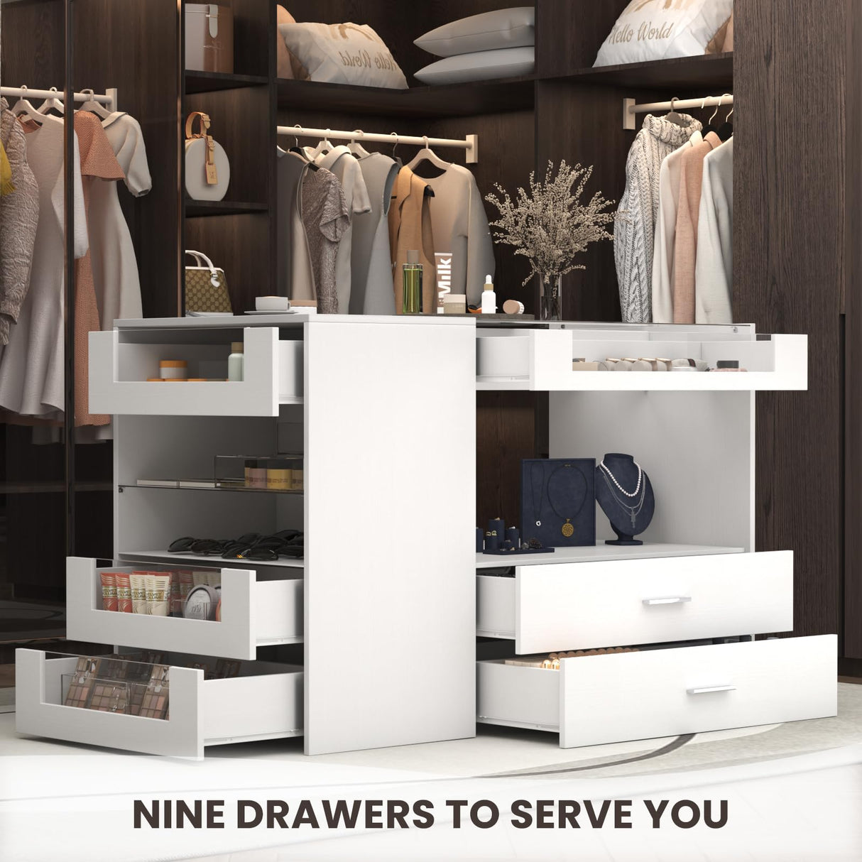 Closet Island with Drawers, 9 Drawers & 2 Shelves – White Jewelry Storage Vanity Island with Glass Top for Closet & Walk-in Wardrobe – 47.2" W x 23.6" D x 31.5" H GOFEI