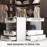 Closet Island with Drawers, 9 Drawers & 2 Shelves – White Jewelry Storage Vanity Island with Glass Top for Closet & Walk-in Wardrobe – 47.2" W x 23.6" D x 31.5" H GOFEI