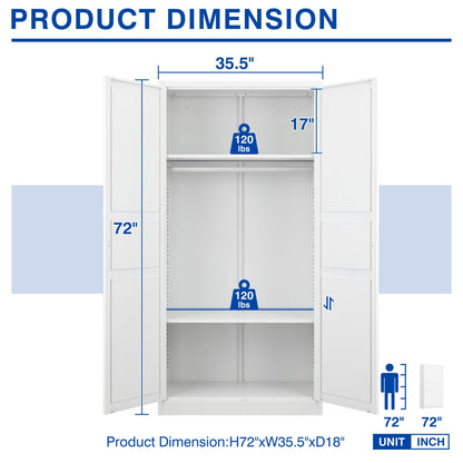 BYNSOE Metal Storage Locker 72'' Metal Wardrobe for Home Metal Storage Cabinet with Hanging Rod for Office Hospital Home Office Require Assembly (White, 72inch) - WoodArtSupply