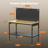 CAMMOO 48" Heavy Duty Work Bench Adjustable Height Max Load 2000 LBS with Storage Shelf for Garage Workbench, Rubberwood Tabletop with Pegboard, LED Light, Built-in Power Strip for Woodworking Shop CAMMOO