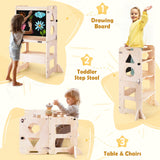 Woodure 4-in-1 Toddler Kitchen Step Stool, Foldable Learning Standing Tower with Blackboard, Wooden Kitchen Stool Helper for Kids, 1-3 Year Old Boy Girl Gifts Woodure