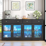 Sideboard Buffet Cabinet with LED Lights, 55.1 Storage Cabinet with 2 Large Drawers & 4 Glass Doors, Modern Kitchen Display Cabinet with Adjustable Shelves, Coffee Bar for Kitchen Living Room (Black) Gyfimoie