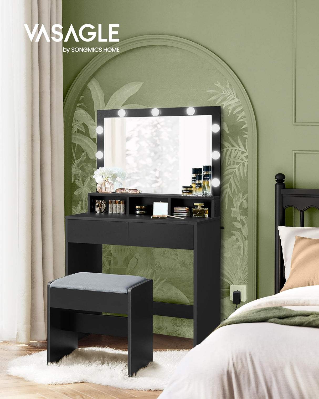 VASAGLE Vanity Desk with Mirror and Lights, Makeup Vanity with Upholstered Vanity Stool, 9 Dimmable LED Lights, 3 Compartments, 2 Drawers, for Bedroom, Ink Black URDT129B01 VASAGLE