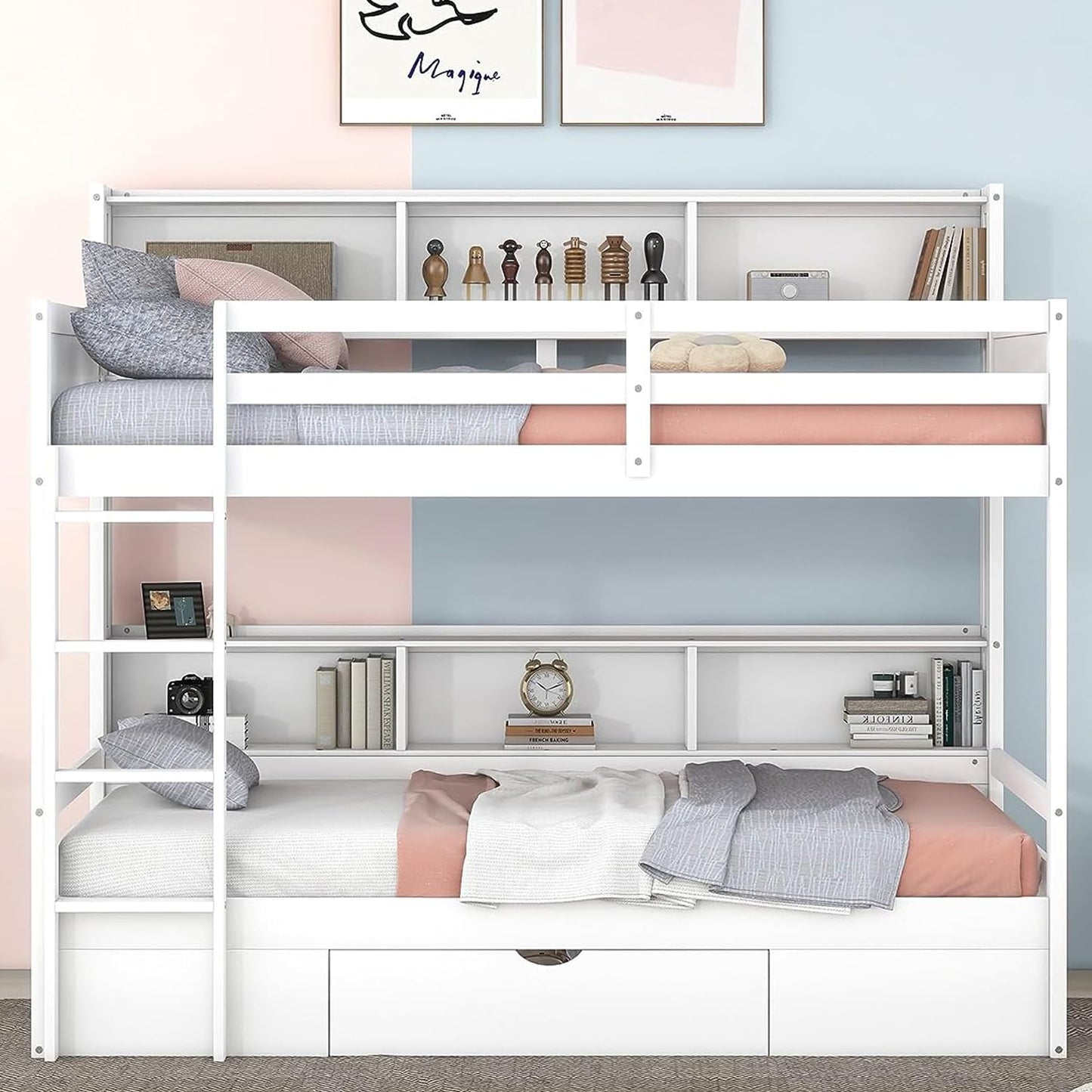 Twin Over Twin Solid Wood Bunk Bed with Storage Drawer and Built-in Shelves by Harper & Bright Designs in White - WoodArtSupply