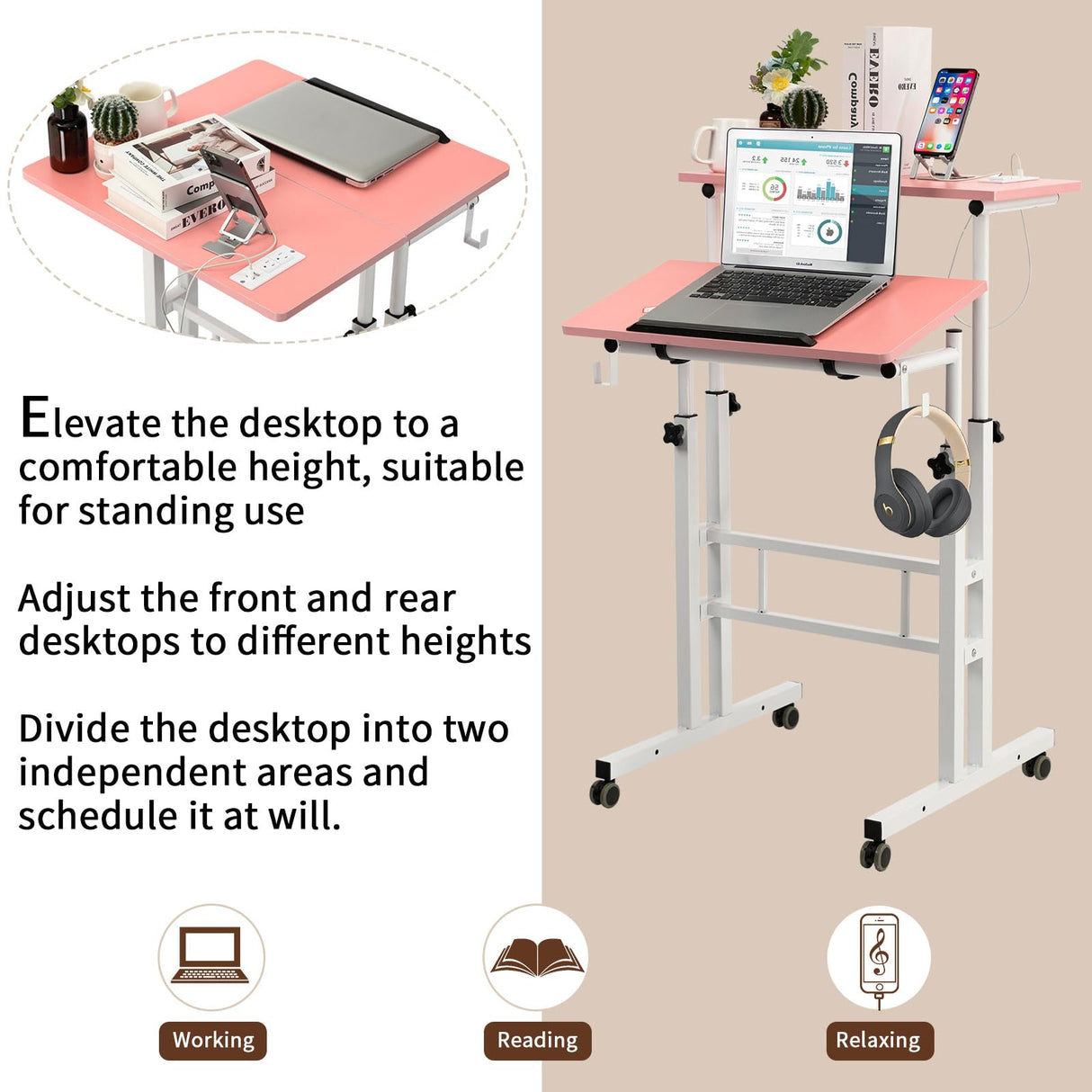 SIDUCAL Mobile Stand Up Desk, Adjustable Laptop Desk with Wheels, Home Office Workstation with USB Ports and Outlets, SIDUCAL