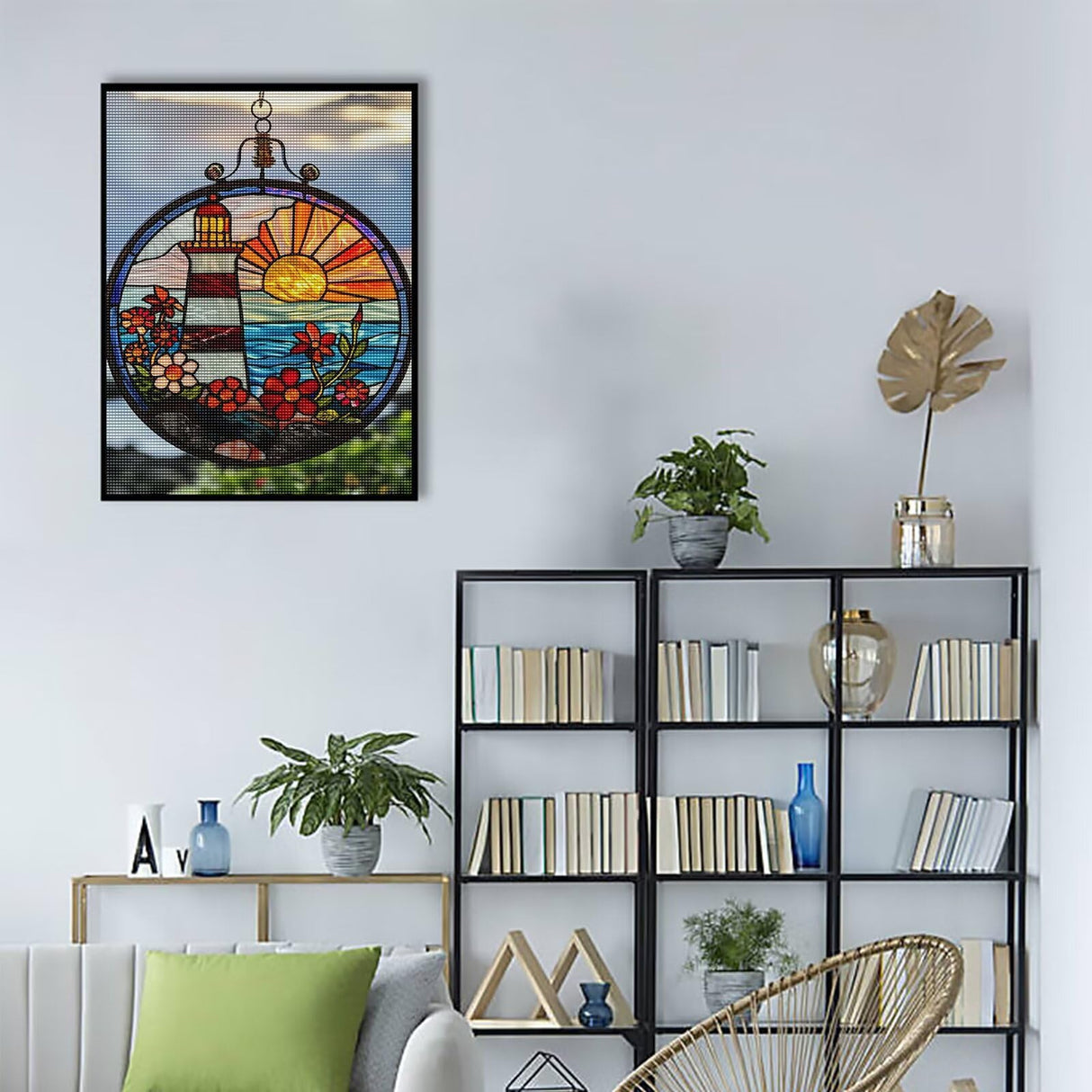 MHELC Diamond Painting Set Stained Glass Lighthouse, Sunrise and Flowers Adult Landscape Set, Glass Painting Suitable for Home Decoration, Digital Artwork and Leisure Activities 12x16 Inches MHELC