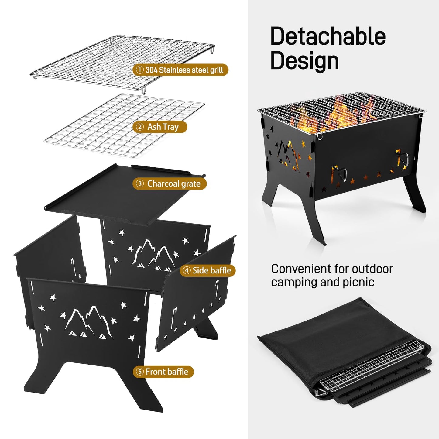 Odoland Camping Grill Portable Folding Charcoal Grills Backpacking BBQ Grill Campfire Grill with Carry Bag for Outdoor Cooking Hiking and Picnic