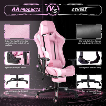 AA Products Gaming Chair Ergonomic High Back Computer Racing Chair Adjustable Office Chair with Footrest, Lumbar Support Swivel Chair - WhitePink