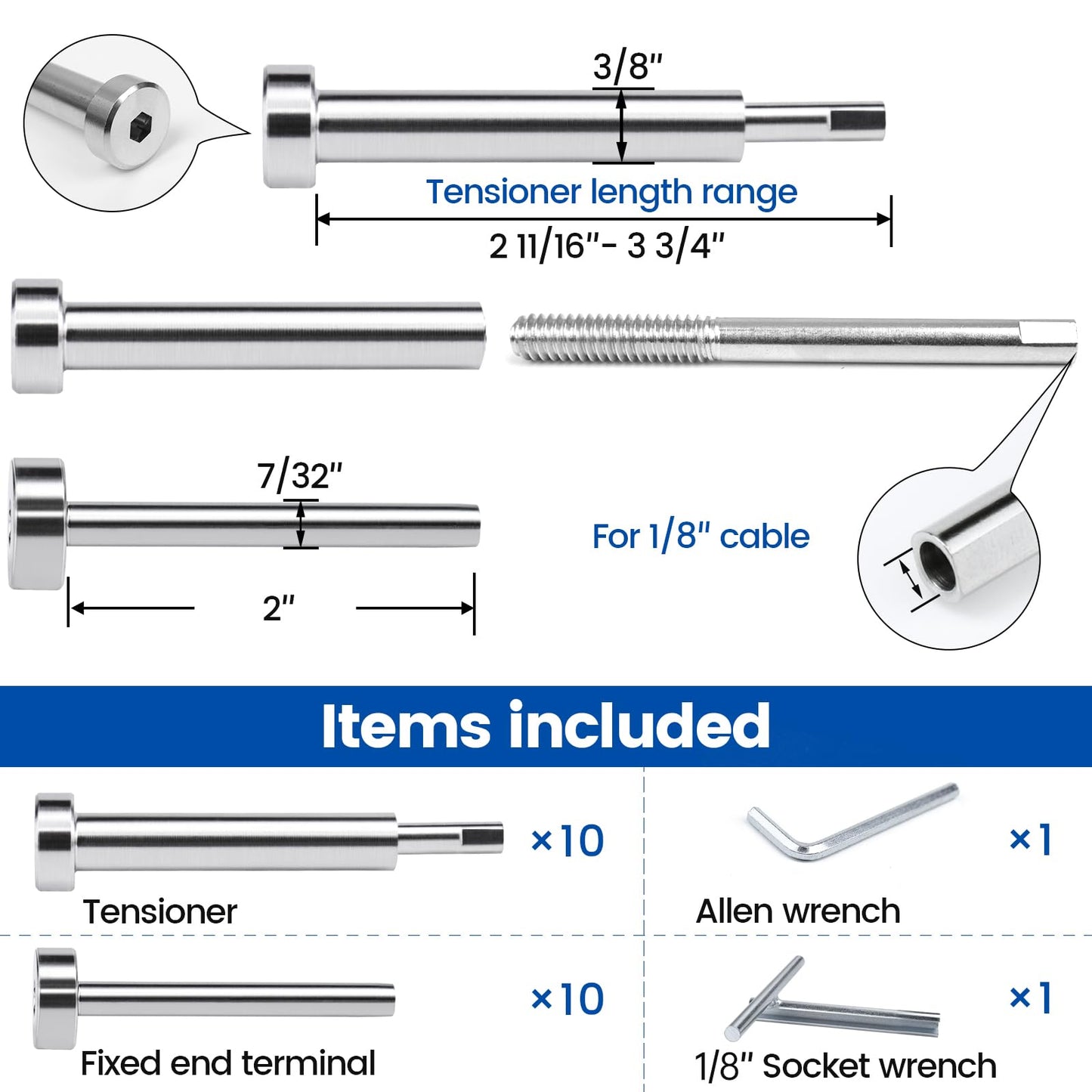 [Patent] Muzata 20 Pack 1/8" Invisible Cable Railing Kit Hardware Invisible Receiver Swage Stud End for 2"x2" 4"x4" Wood Metal Post T316 Stainless Steel Deck Cable Railing System 10 Pair CR26