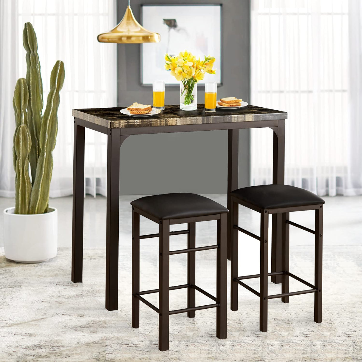 VECELO 3-Piece Bar Table and Chairs Set, 36" Rectangular Counter Height Dining Sets for Kitchen Bistro Restaurant Small Space Breakfast Nook, Brown and Black VECELO