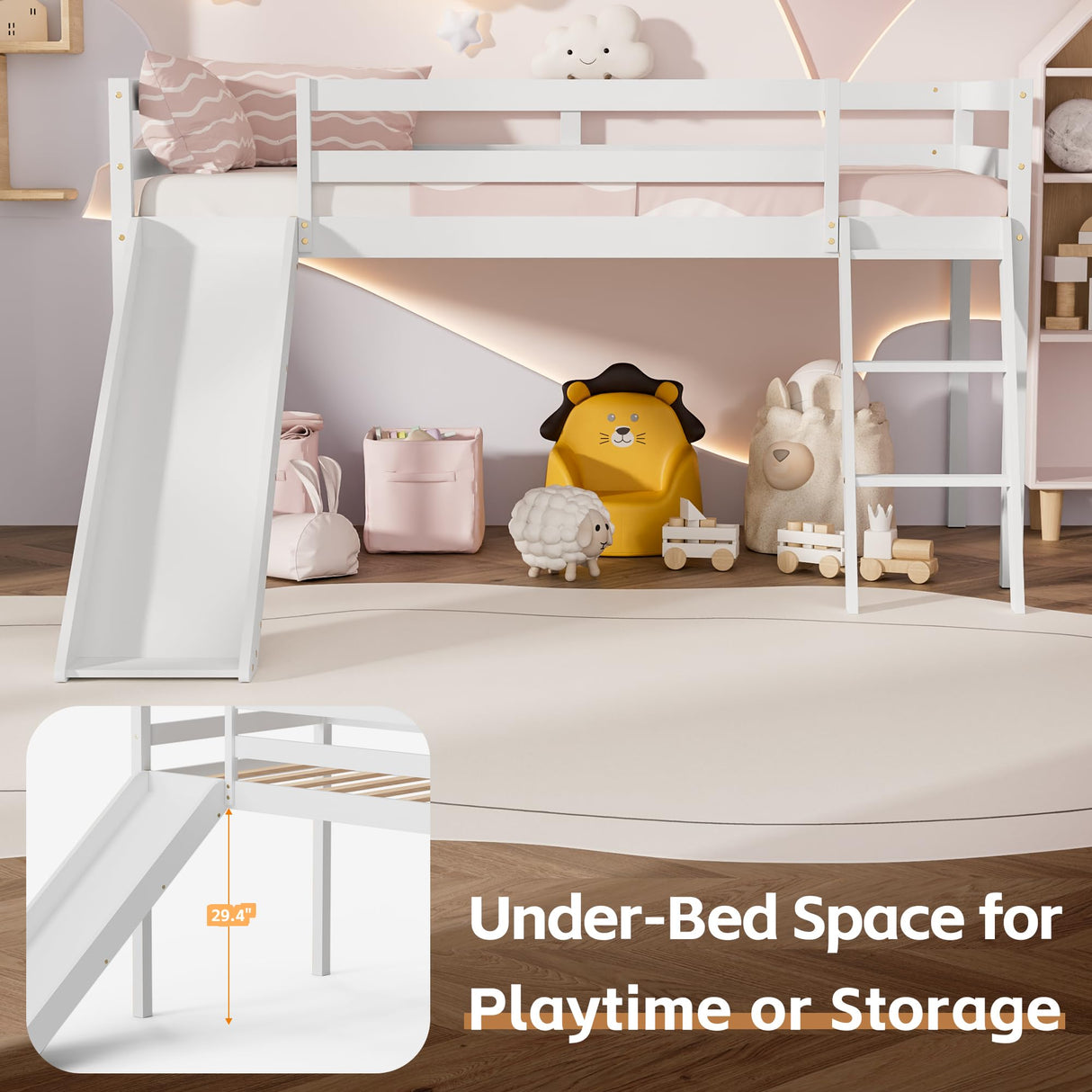 TOLEAD Low Loft Bed with Slide, Wood Twin Loft Bed Frame with Climbing Ladder & Storage Space for Kids Toddler (White) TOLEAD