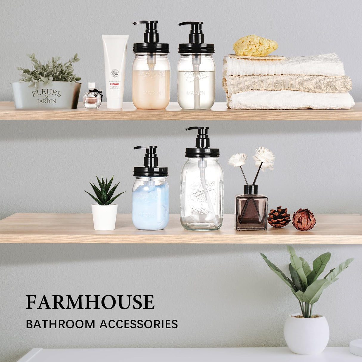 Amolliar Plastic Mason Jar Soap Dispenser with Pump Lid,16OZ Refillable BPA-Free Hand Soap Dispenser Set with Cute Lables - Farmhouse Decor for Kitchen/Bathroom,Liquid Soap,Dish Soap, Lotion (2 Pack) Amolliar