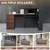 L-Shaped Modern Large Wooden Commercial Reception Desk with Counter & Shelves, Front Reception Desk Counter Table with Storage, Drawers for Offices,Home (Brown + Black, Left- 71''L x 34''W x 41''H) Drexo