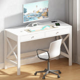 ChooChoo Computer Desk with USB Charging Ports and Power Outlets, 39" White Desk with Drawers, Small Study Writing Table with Stable X Frame for Home Office ChooChoo