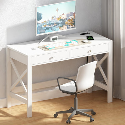 ChooChoo Computer Desk with USB Charging Ports and Power Outlets, 39" White Desk with Drawers, Small Study Writing Table with Stable X Frame for Home Office