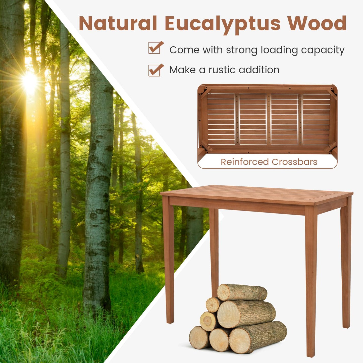 Tangkula Natural Eucalyptus Wood 3-Piece Outdoor Bar Set with Cushions