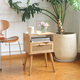 MaxSmeo Bedside Table, Small Nightstand with Charging Station, Rattan Side Table Small Wood End Table for Living Room, Bedroom and Small Spaces, Mid Century Modern Nightstand, Easy Assembly (Natural) MaxSmeo